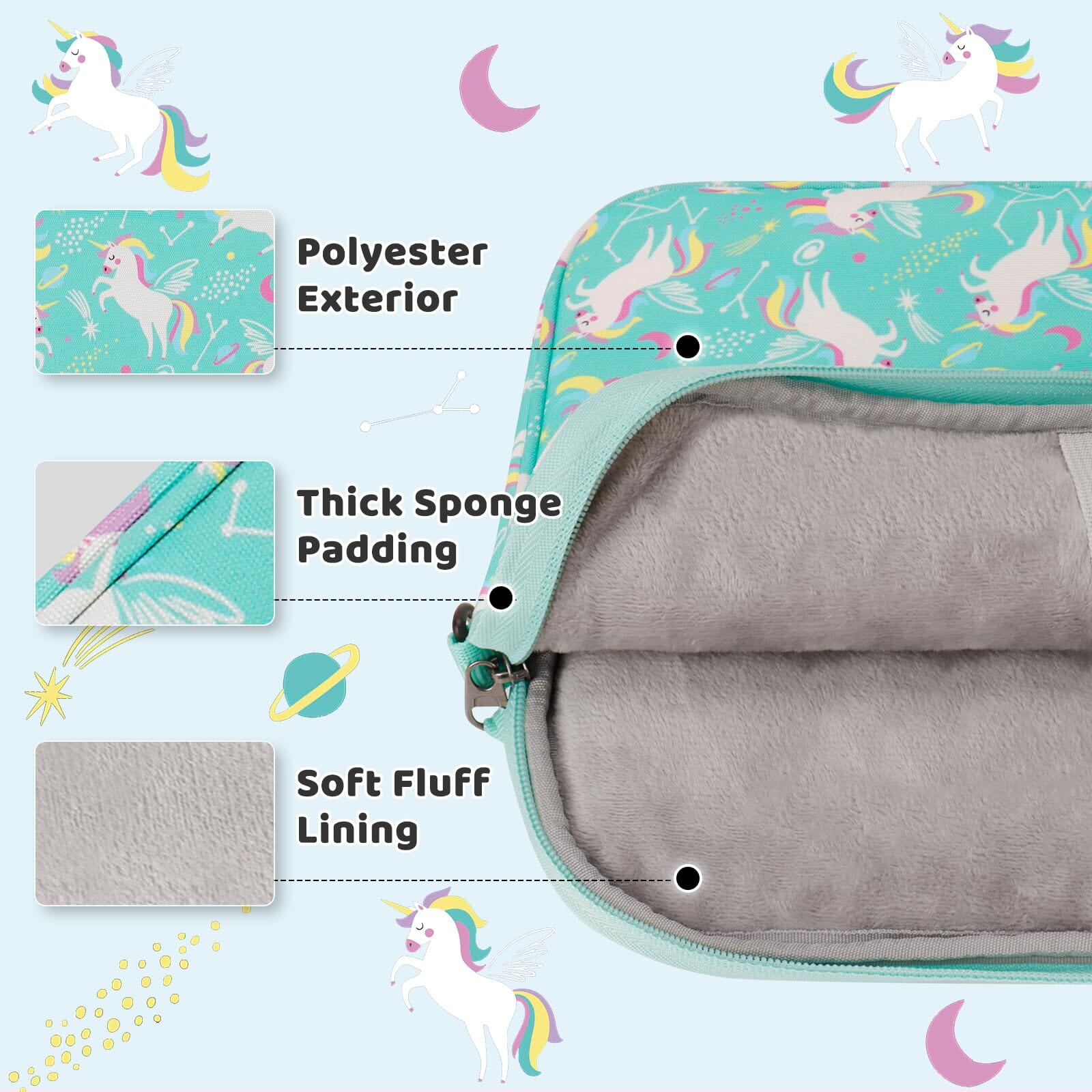 Choco Mocha 12.5 Inch Kids Tablet Sleeve Bag for Girls, Kids Tablet Carrying Case for Fire HD 10, Fire 7, Fire HD 8, Fire 10 Tablet, Kindle Kids Edition, Apple iPad, Unicorn, Teal chocomochakids 