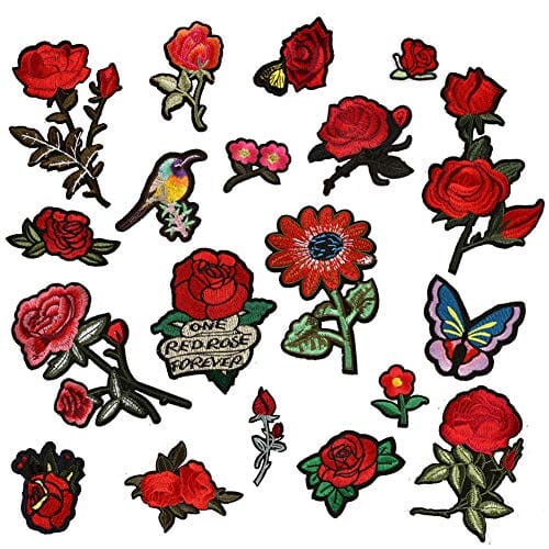 Choco Mocha 19PCS Red Rose Patches for Jackets Women Iron On Patch Flowers Embroidered Decorative for Clothes, Rose Birds chocomochakids 