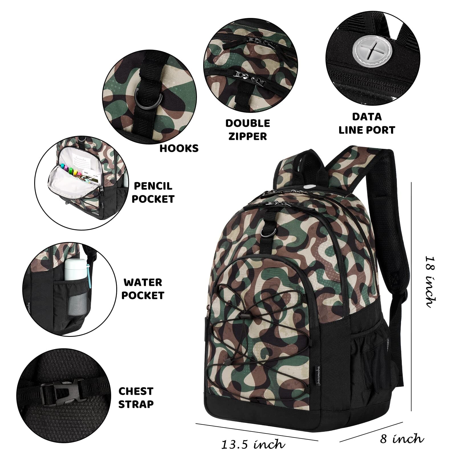 Choco Mocha Black Backpack for Teen Girls, Travel School Backpack for Girls Middle School Large Bookbag 18 Inch, Camo chocomochakids 