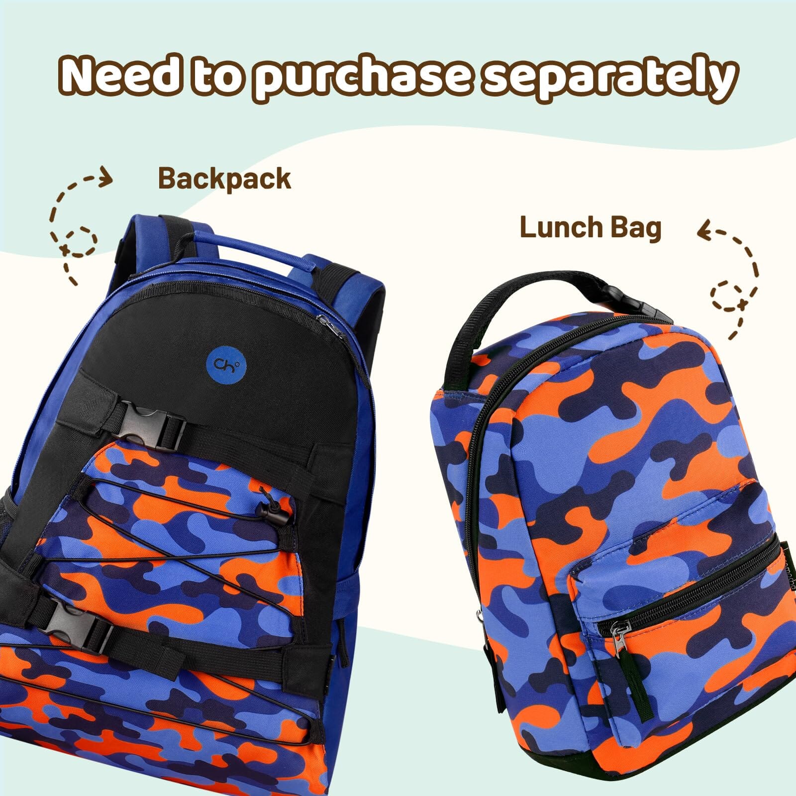 Choco Mocha Boys Lunch Box, Camouflage Lunch Bag, Blue Orange chocomochakids 