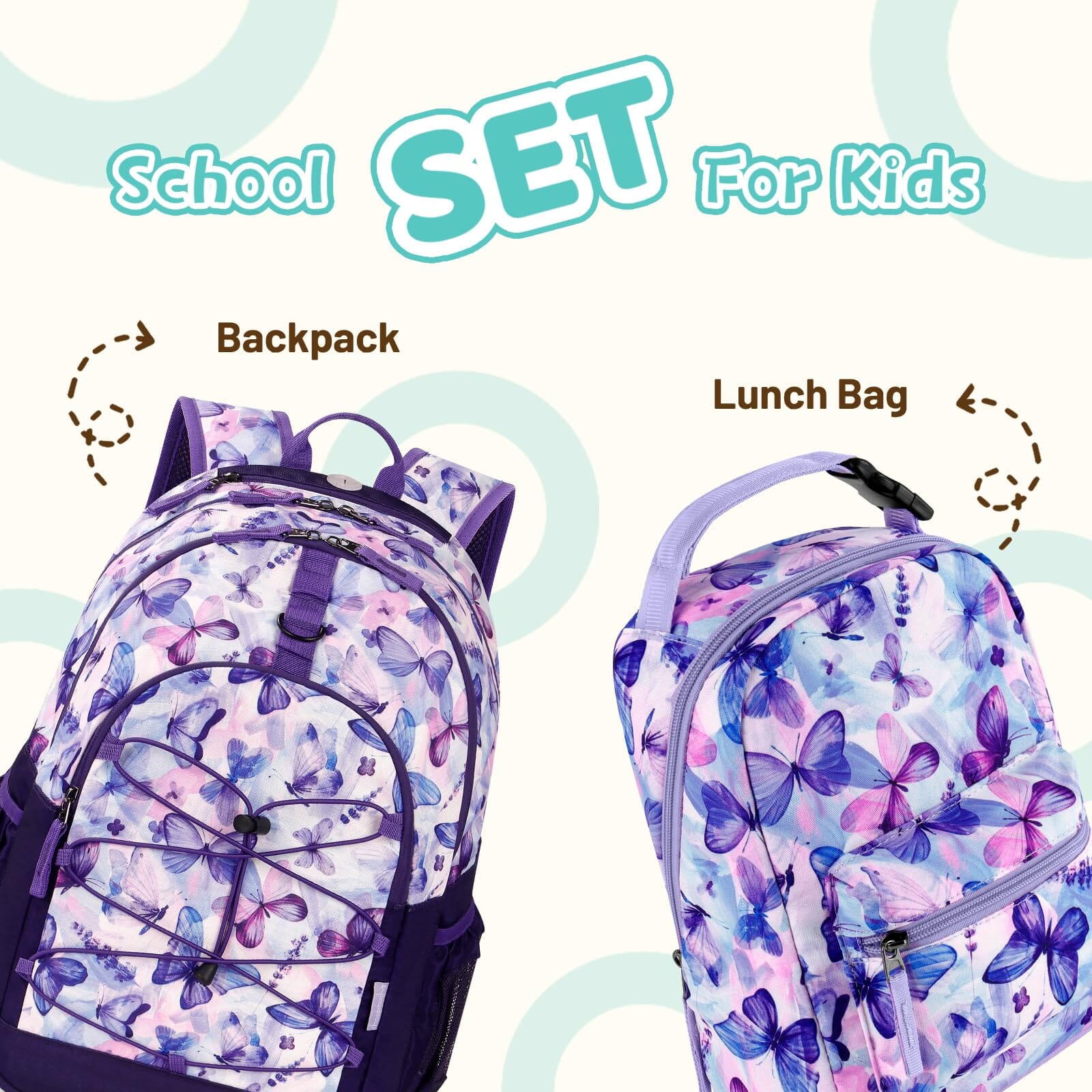 Choco Mocha Girls Lunch Box, Butterfly Lunch Bag, Pink Purple chocomochakids 