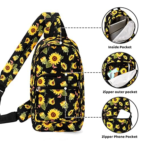 Choco Mocha Girls Sling Bag for Kids Travel Hiking Sling Bag for Teen Girls One Strap, Black Sunflower chocomochakids 