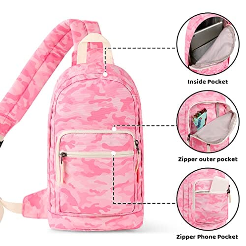 Choco Mocha Girls Sling Bag for Kids Travel Hiking Sling Bag for Teen Girls One Strap, Camo Pink chocomochakids 