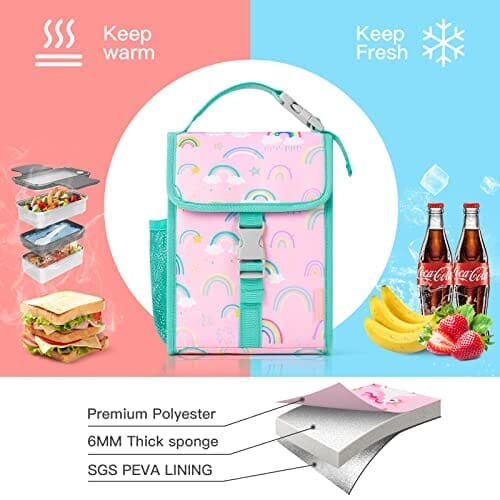 Choco Mocha Rainbow Lunch Box for Girls Preschool Elementary Daycare, Reusable Insulated Girls Lunch Bag with Water Bottle Holder for Kids Toddler Travel, Pink chocomochakids 