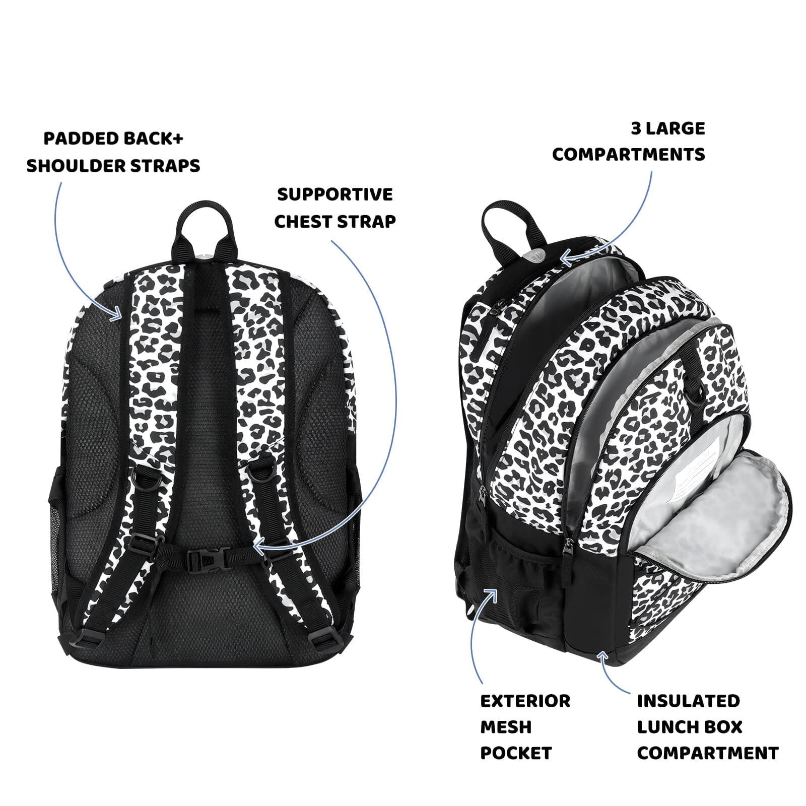 Choco Mocha Snow Leopard Backpack for Teen Girls, Travel School Backpack for Girls Middle School Large Bookbag 18 Inch, Black chocomochakids 