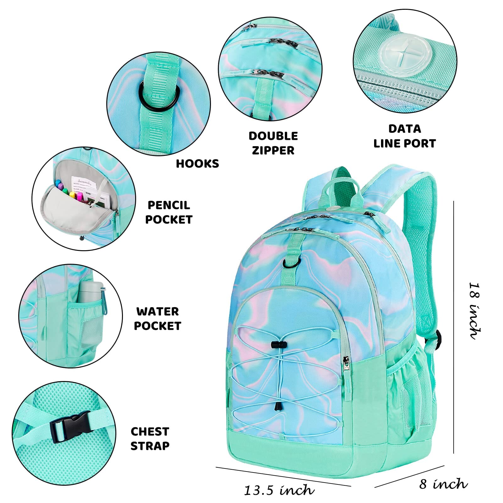 Choco Mocha Teal Backpack for Teen Girls, Travel School Backpack for Girls Middle School Large Bookbag 18 Inch, Green chocomochakids 