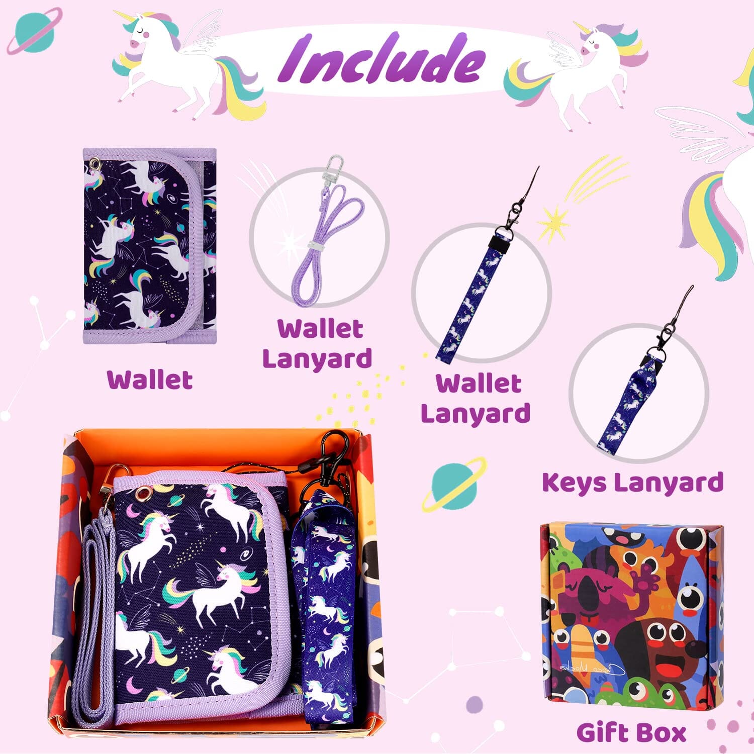 Choco Mocha Unicorn Kids Wallets for Girls Ages 5-7 6-8 9-12, Little Girls Velcro Wallets with Lanyard Gift Box, Christmas Gift for Kids Girls, Purple chocomochakids 