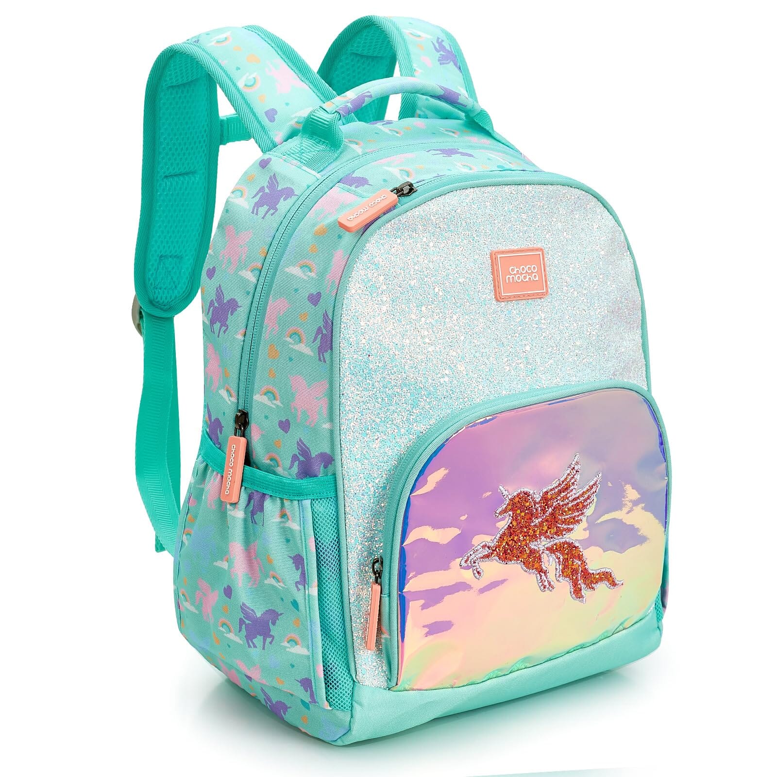 Choco Mocha Unicorn Toddler Backpack for Girls, Kids Preschool Backpack for Toddler Kindergarten Backpack 15 Inch, Glitter Teal Green chocomochakids 